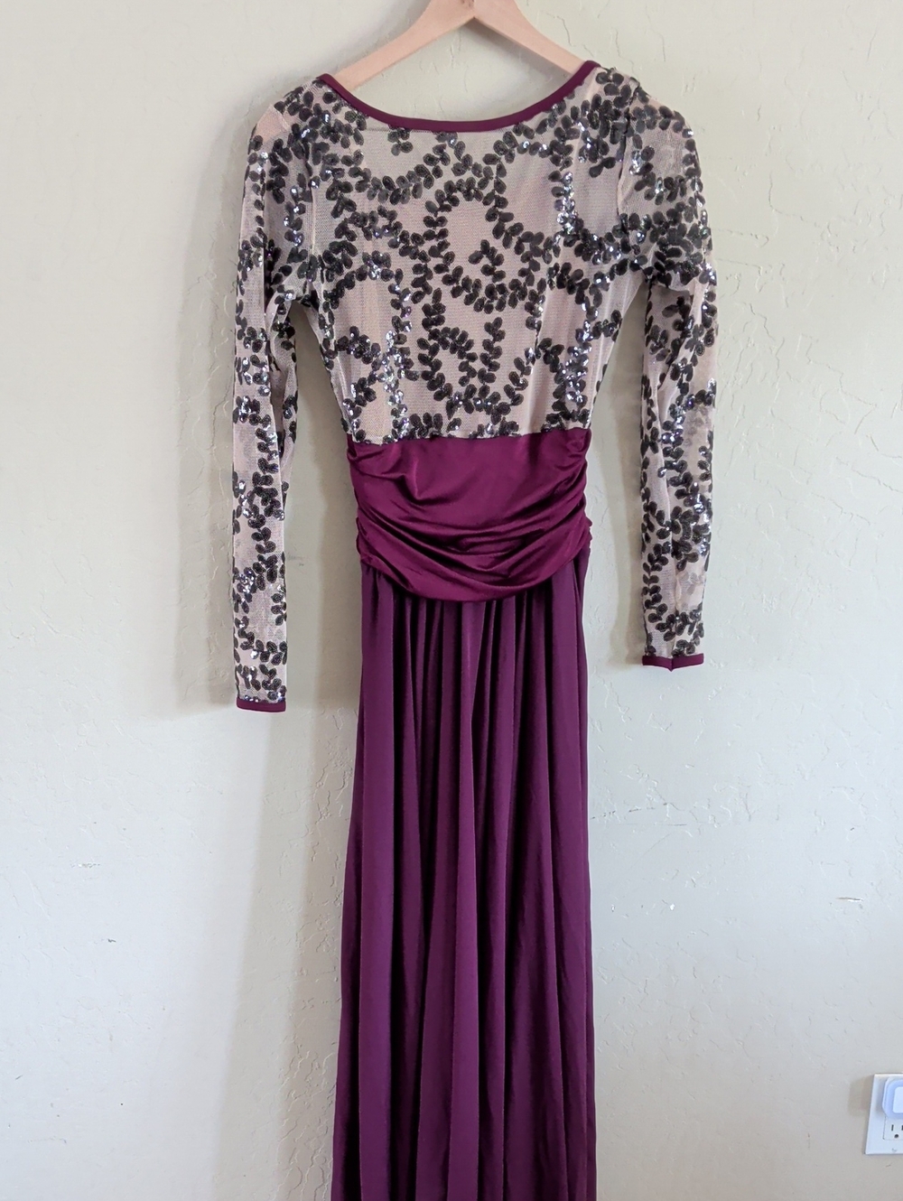 Plum Sequin Embellished Long Sleeve Evening Dress